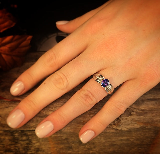 White Gold Tanzanite Ring With Intense Oval Tanzanite and Ideal Cut Diamonds