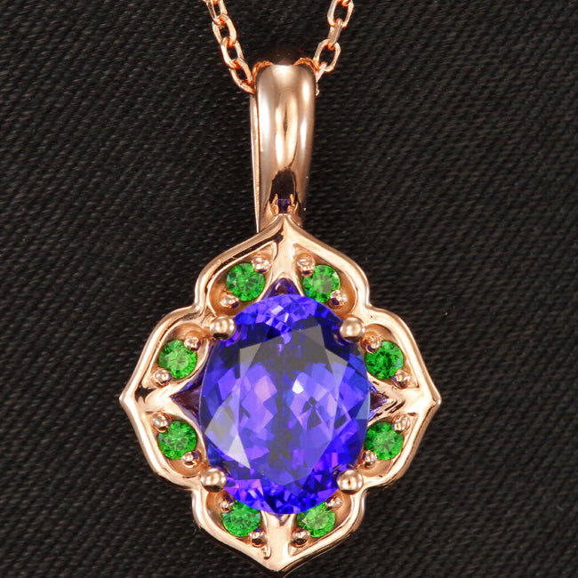 Rose Gold Tanzanite Pendant with Tsavorite Garnets