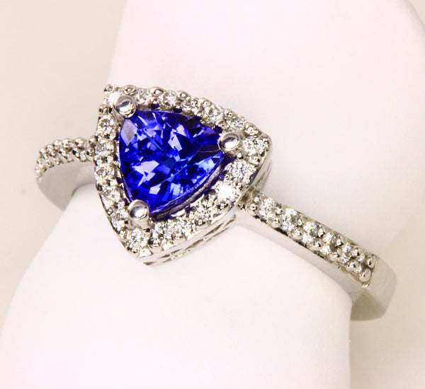 Trilliant Tanzanite Ring With Ideal Cut Diamonds Around