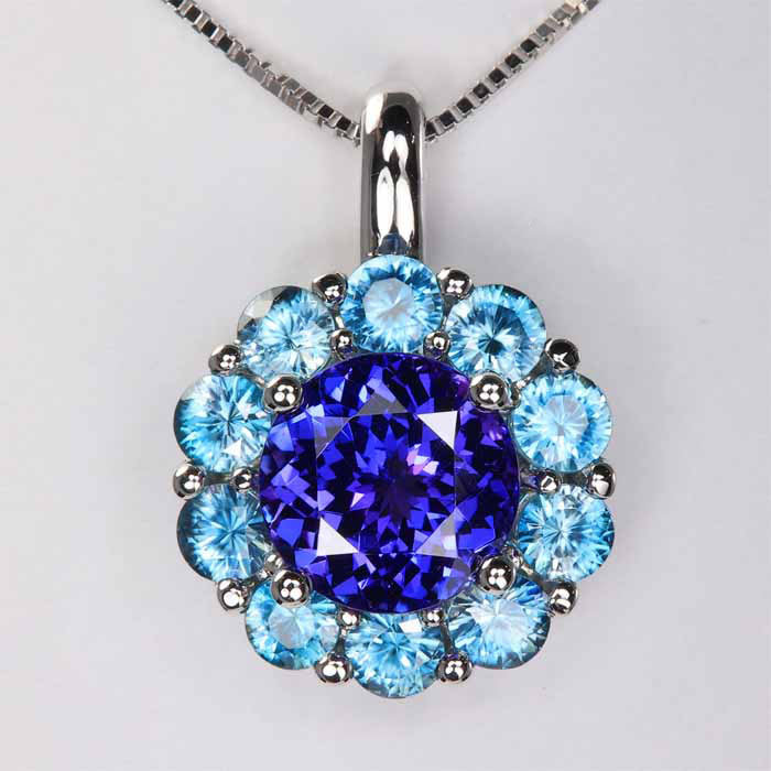 Round Tanzanite with Halo of Blue Zircon Pendant