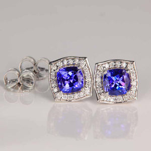 Square Cushion Tanzanite and Diamond Stud Earrings