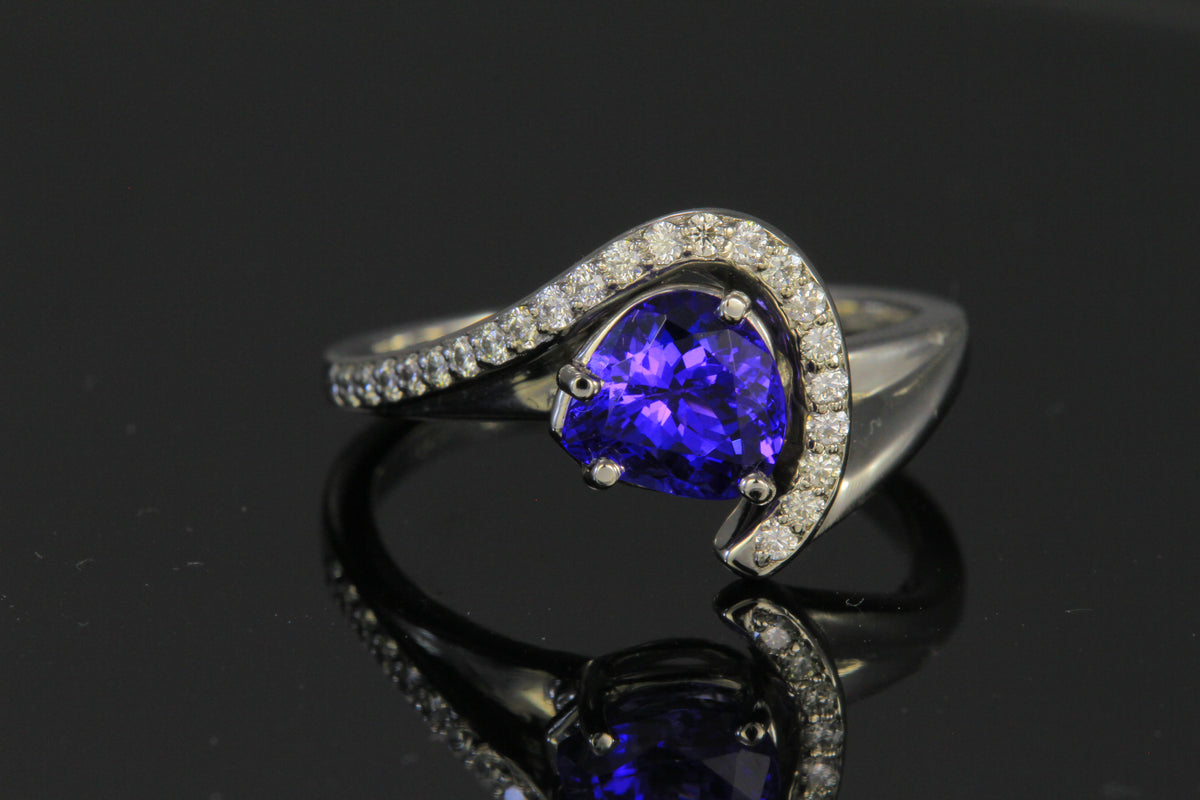 18K White Gold Shield  Cut Tanzanite and Diamond Ring 1.77 Carats
