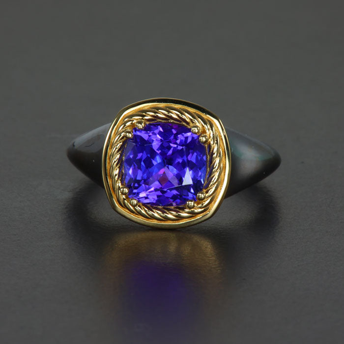 White and Yellow Gold Square Cushion Tanzanite Ring 