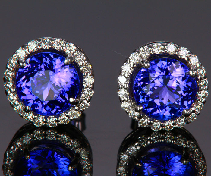 14k White Gold Round Tanzanite with Diamond Halo Stud Earrings 3.28 Carats