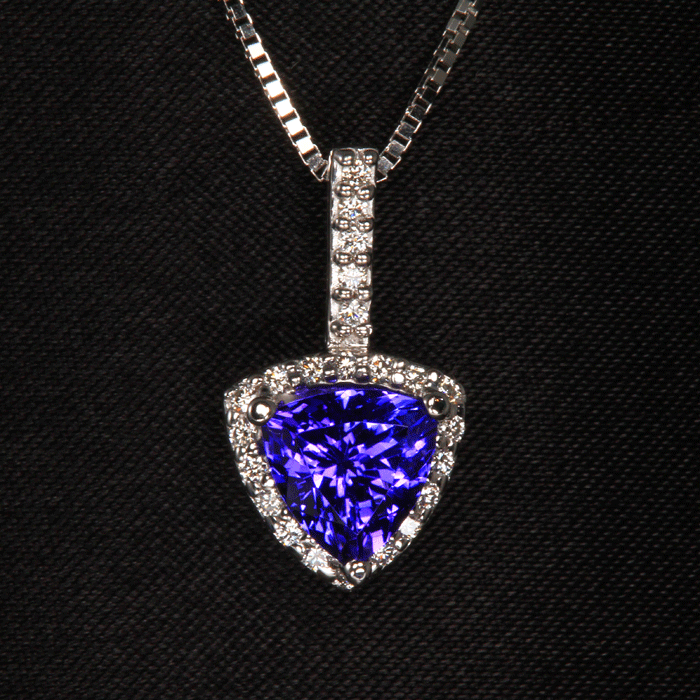 14k White Gold Halo Tanzanite and Diamond Trilliant Pendant 1.72 Carats