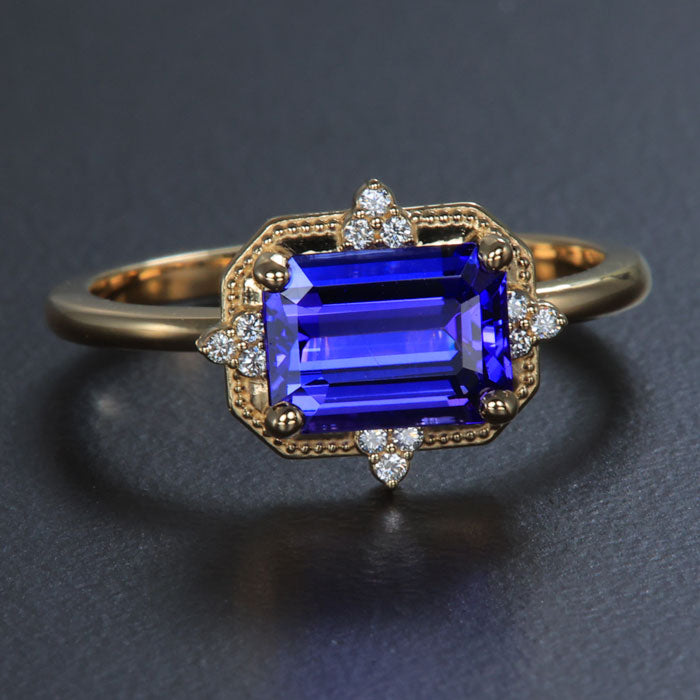 Yellow Gold Emerald Cut Tanzanite and Diamond Ring 
