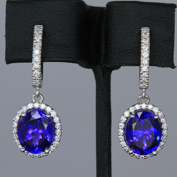 14k White Gold Oval Tanzanite and Diamond Halo Huggie Earrings 6.39 Carats