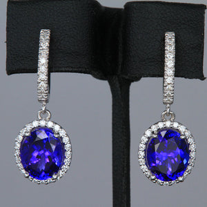 14k White Gold Oval Tanzanite and Diamond Halo Huggie Earrings 6.39 Carats