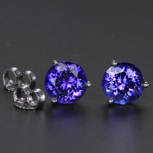 14k White Gold Round Tanzanite Stud Earrings 2.74 Carats 6.6mm