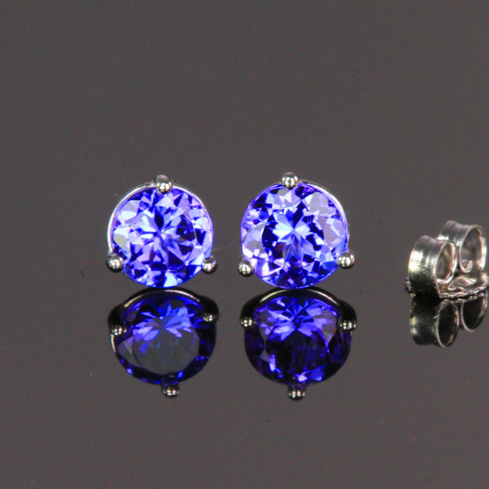 14K White Gold Round Tanzanite Stud Earrings 1.36 Carats