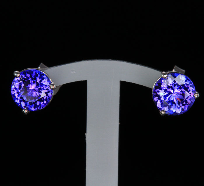 14K White Gold Round Tanzanite Stud Earrings 1.98 Carats 6mm