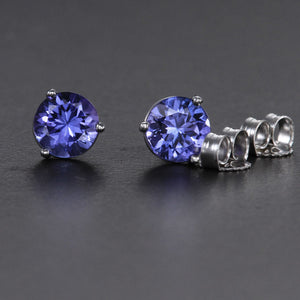 14K White Gold Round Tanzanite Stud Earrings 1.58 Carats