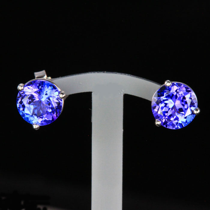 14K White Gold Round Tanzanite Stud Earrings 2.86 Carats 7MM