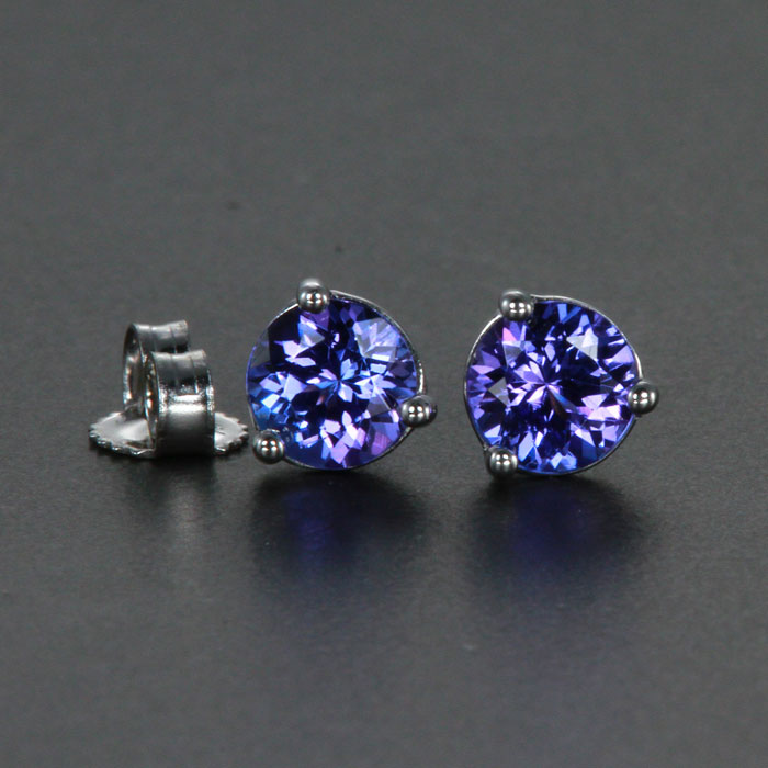 14k White Gold Round Tanzanite  Stud Earrings .95 Carats