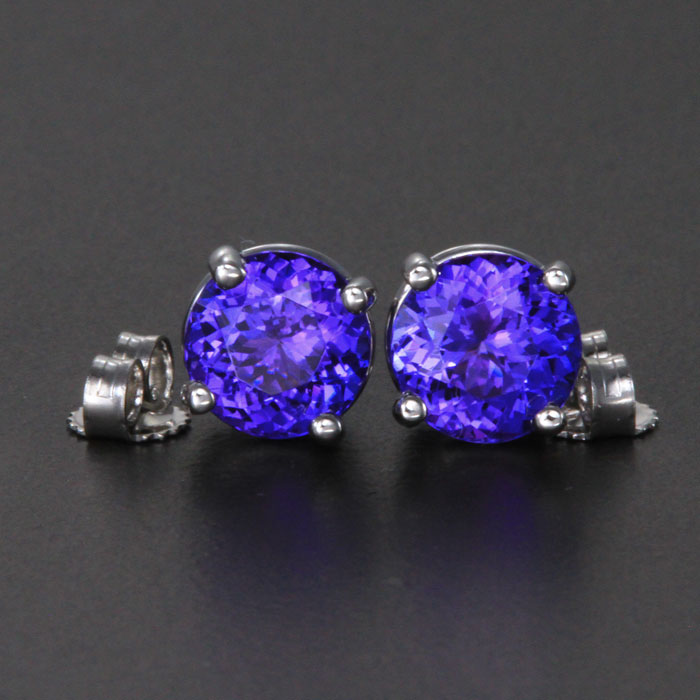 14k White Gold Round Tanzanite Stud Earrings 3.04 Carats