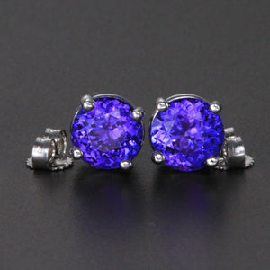14k White Gold Round Tanzanite Stud Earrings 3.04 Carats