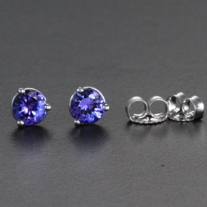 14k White Gold Round Tanzanite Stud Earrings .83 Carats 4.4 mm