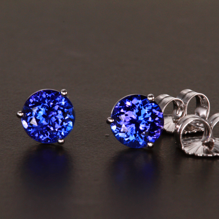 14K White Gold Round Tanzanite Stud Earrings 4.28 Carats 7.8mm