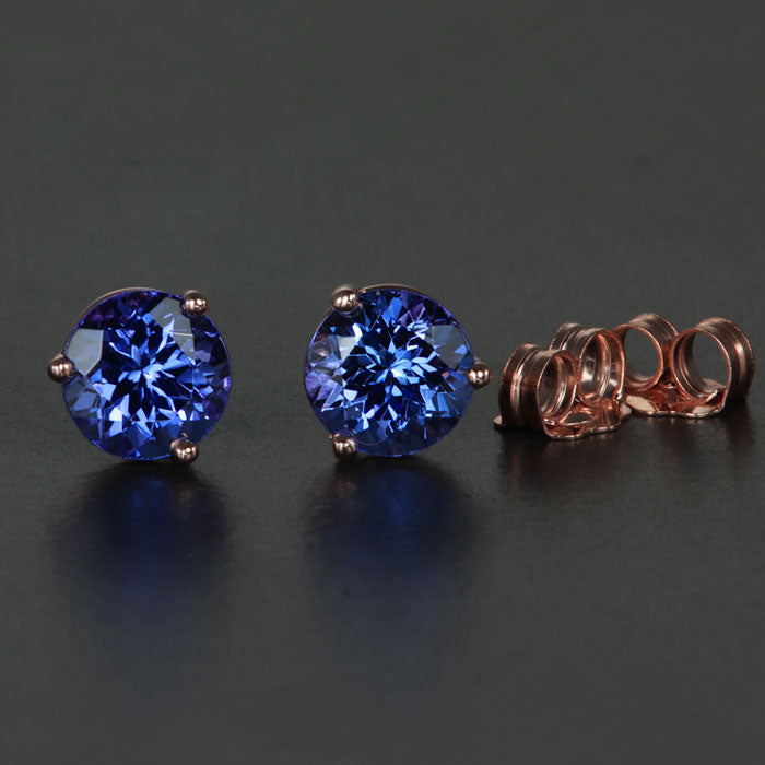 14K Rose Gold Round Tanzanite Stud Earrings 1.75 Carats