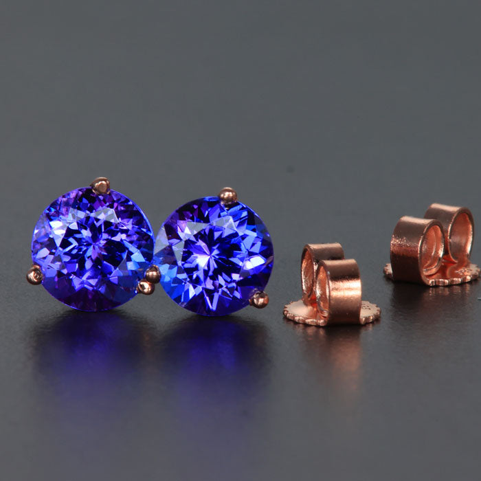 14K Rose Gold Round Tanzanite Stud Earrings 2.17 Carats