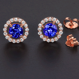Rose Gold Tanzanite and Diamond Halo Earrings