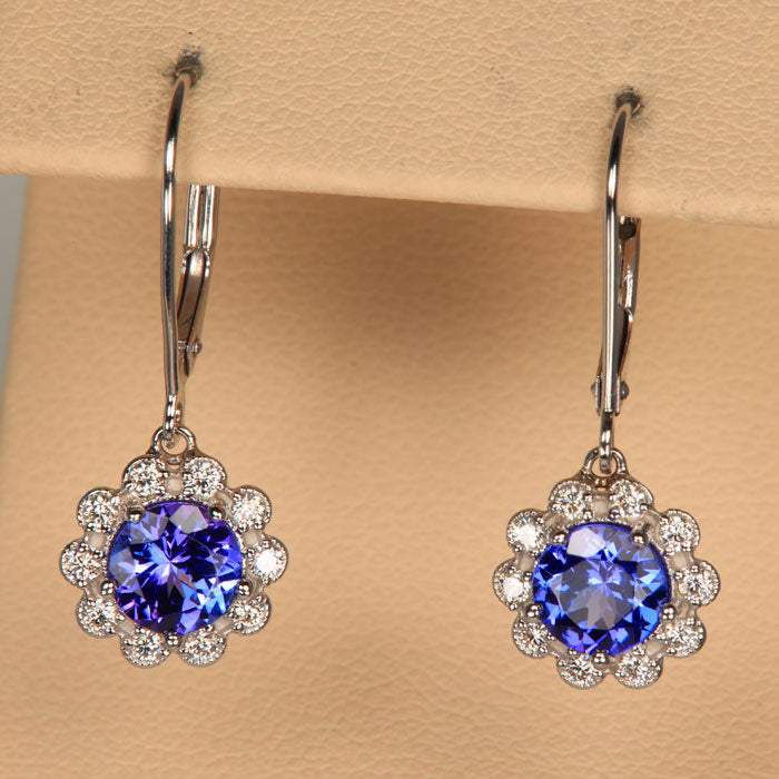 14K White Gold Tanzanite and Diamond Halo Leverback Earrings 1.66cts
