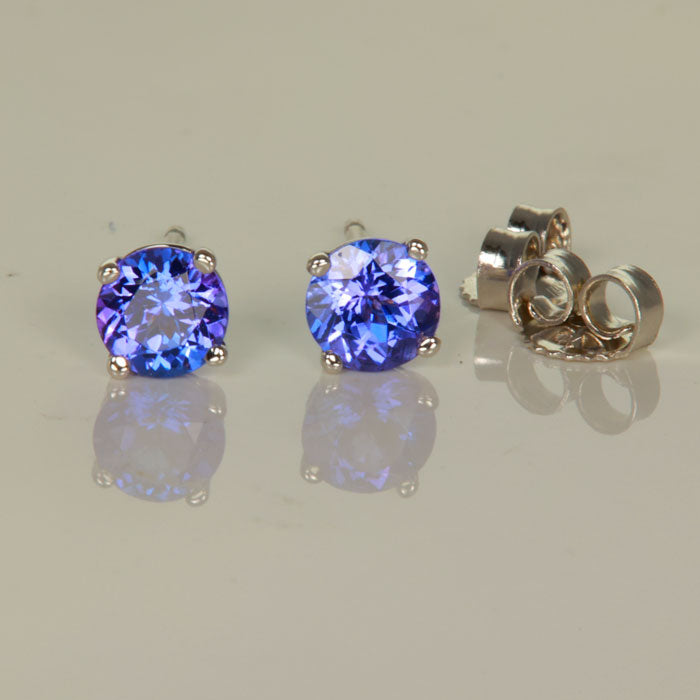 14K White Gold Round Tanzanite Stud Earrings .88cts