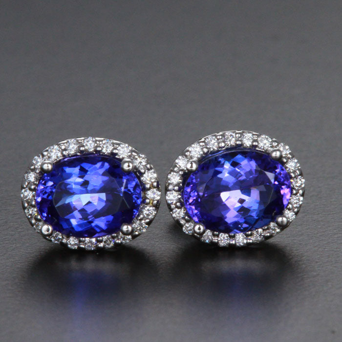 14K White Gold Oval Tanzanite and Diamond Halo Earrings 3.68 Carats