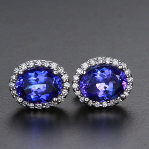 14K White Gold Oval Tanzanite and Diamond Halo Earrings 3.68 Carats