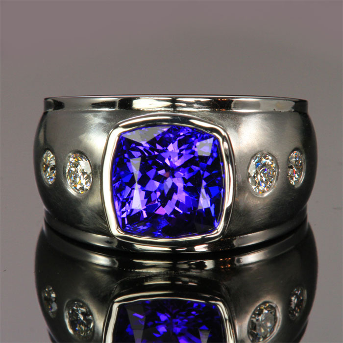 custom designed square cushion tanzanite ring with diamonds