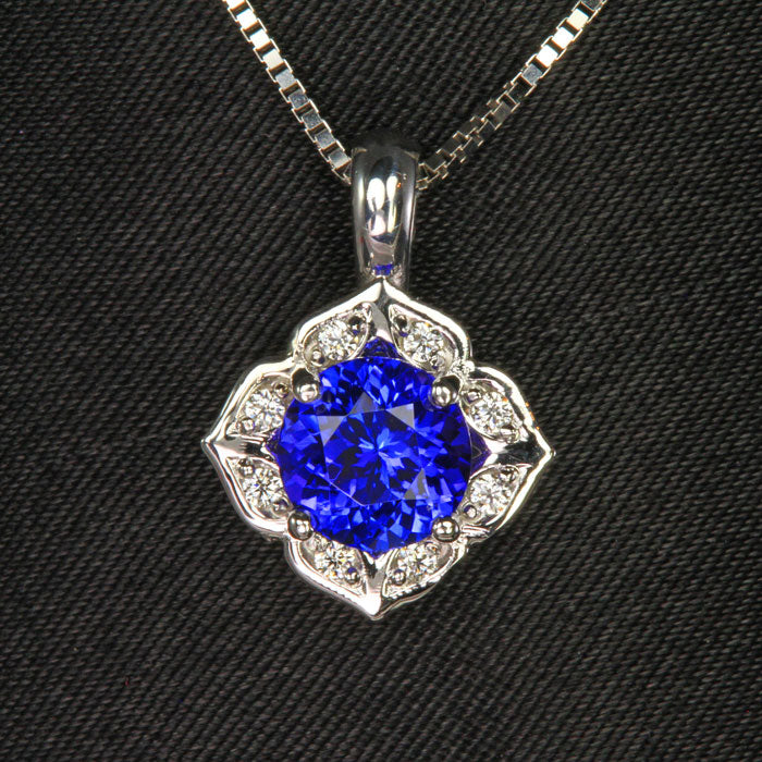 14K White Gold Round Tanzanite and Diamond Pendant 1.64 Carats