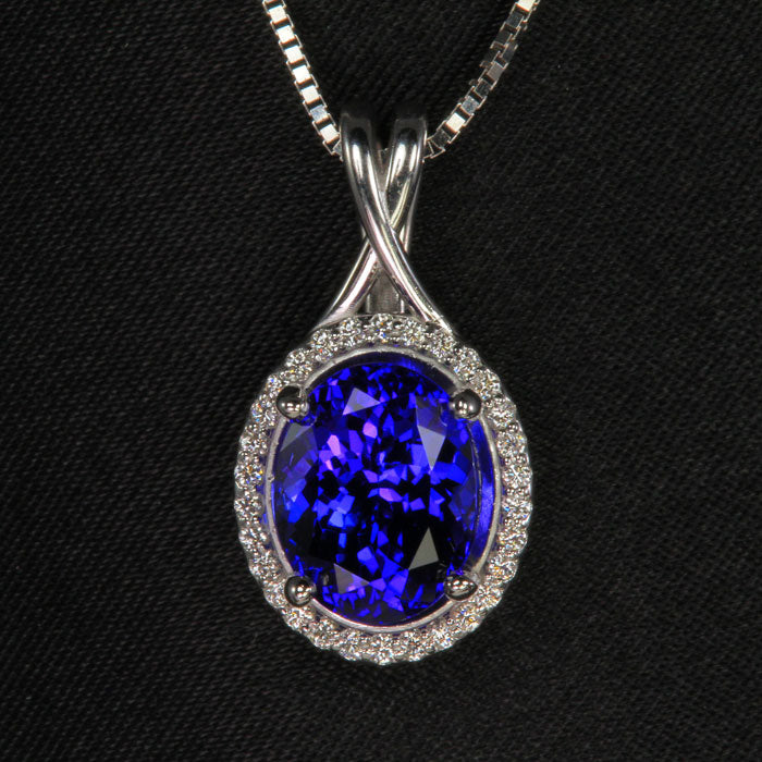 14K White Gold Oval Tanzanite and Diamond Pendant 3.44 Carats