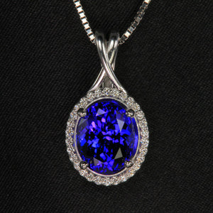 14K White Gold Oval Tanzanite and Diamond Pendant 3.44 Carats