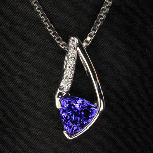custom designed trilliant tanzanite with diamond pendant