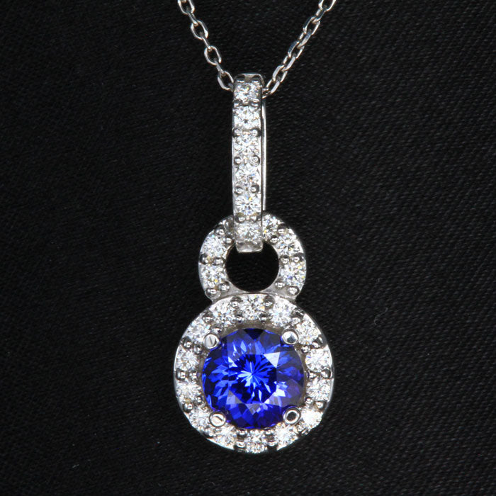 14k White Gold Round Tanzanite and Diamond Pendant 1.19 Carats