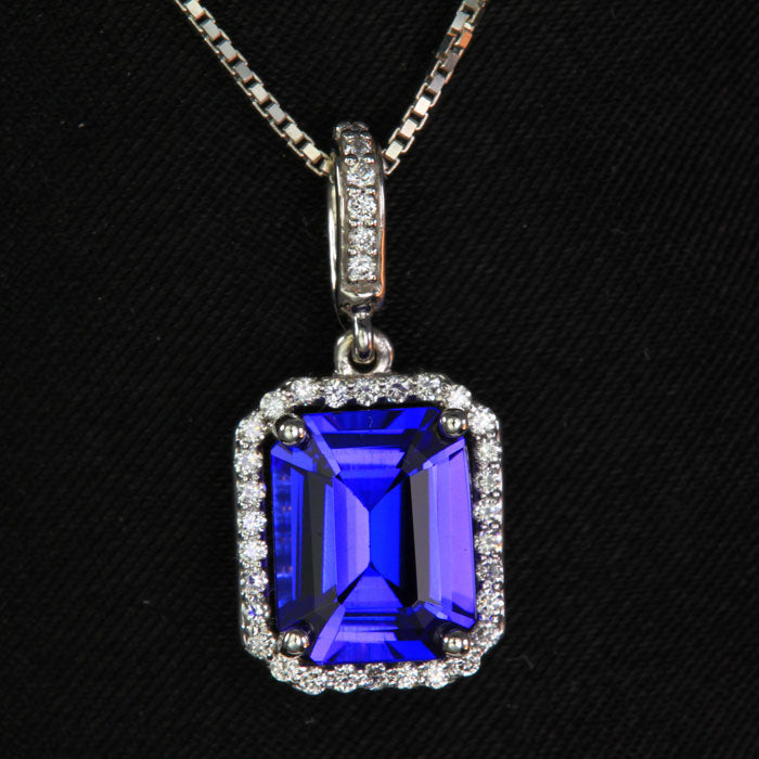 14K White Gold Emerald Cut Tanzanite and Diamond Pendant 2.91 Carats