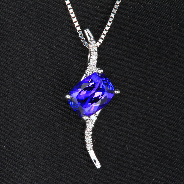 14k White Gold Antique Cushion  Tanzanite and Diamond Pendant 2.22 Carats