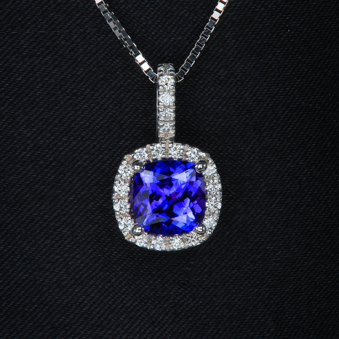  White Gold Tanzanite and Diamond Halo Pendant 