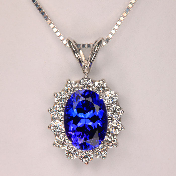 14K White Gold Oval Tanzanite Diamond Halo Pendant 3.52cts