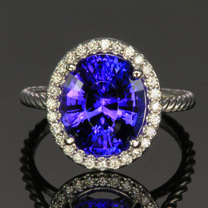 14K White Gold Tanzanite with Diamond Halo Ring 5.25 Carats