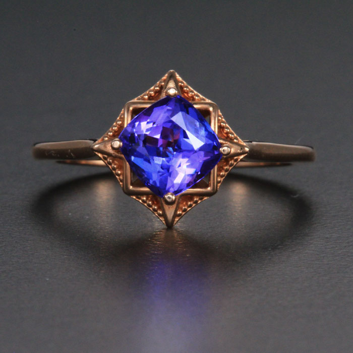 14k Rose Gold Square Cushion  Tanzanite Ring 1.36 Carats