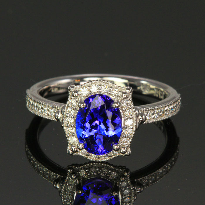 14K White Gold Tanzanite and Diamond Halo Ring 1.69 Carats