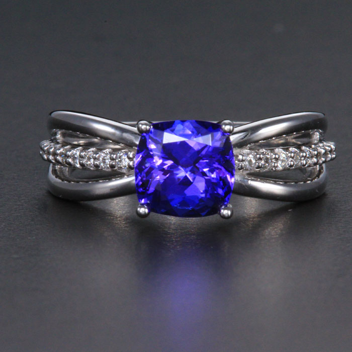14k White Gold  Square Cushion Tanzanite Ring with Diamond Accents 1.76 Carats