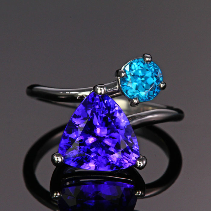 14K White Gold Trilliant Tanzanite and Blue Zircon Ring 3.87 Carats
