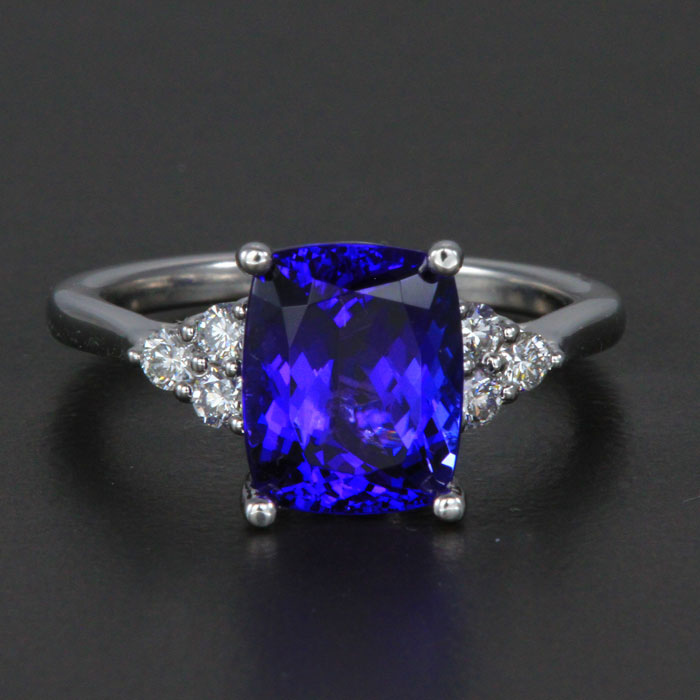 14k White Gold Antique Cushion Tanzanite and Diamond Ring 3.61 Carats