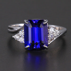 14k White Gold Emerald Cut Tanzanite Ring with Diamond Accents 3.46 Carats