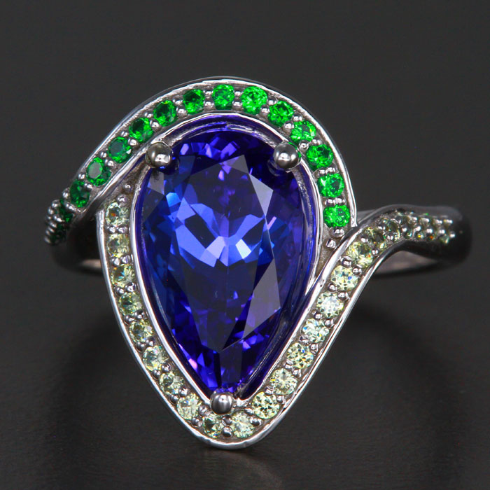 White Gold Pear Shape Tanzanite, Tsavorite and Demantoid Ring