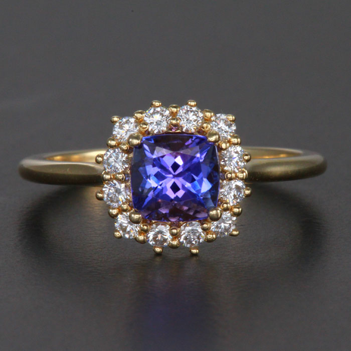 Yellow Gold Tanzanite and Diamond Halo Ring
