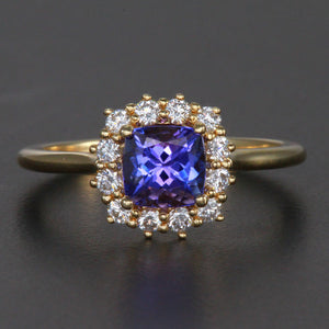 Yellow Gold Tanzanite and Diamond Halo Ring