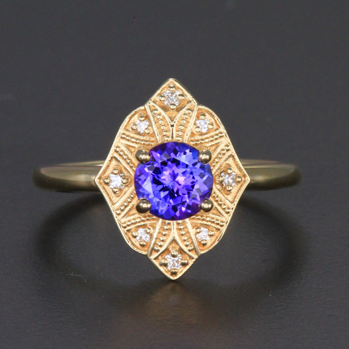 Yellow Gold Round Tanzanite and Diamond Ring